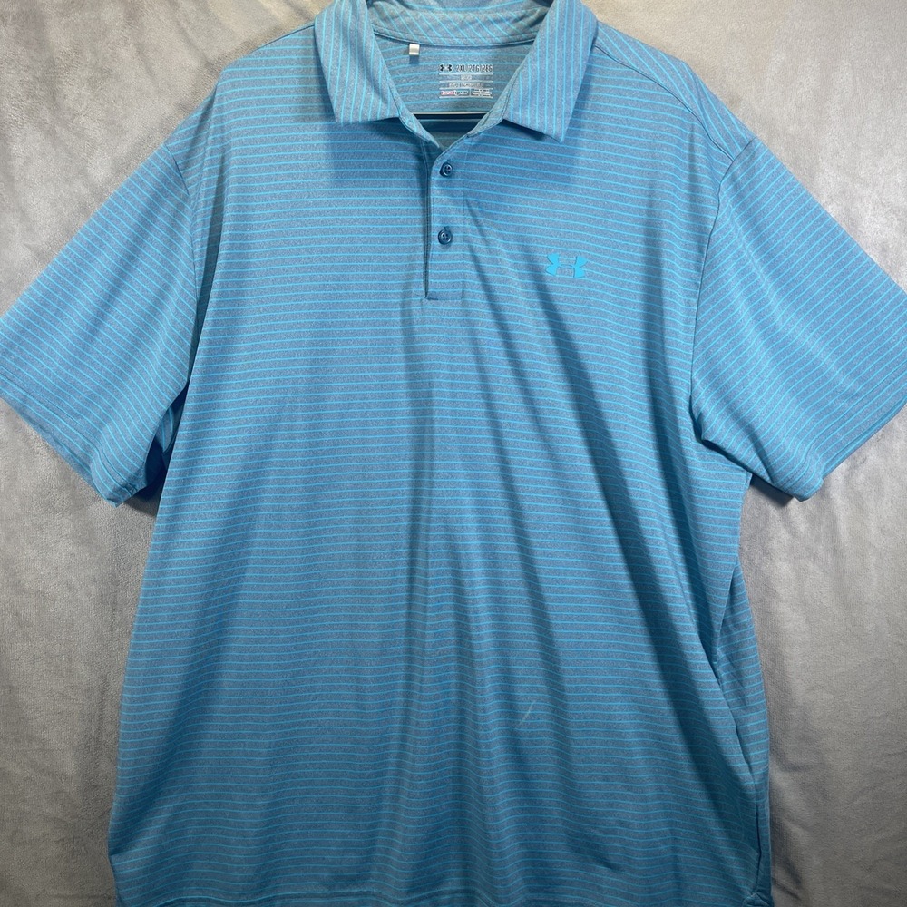 Under Armour Polo Shirt Men's 2XL Blue Heatgear Loose Stripe Golf